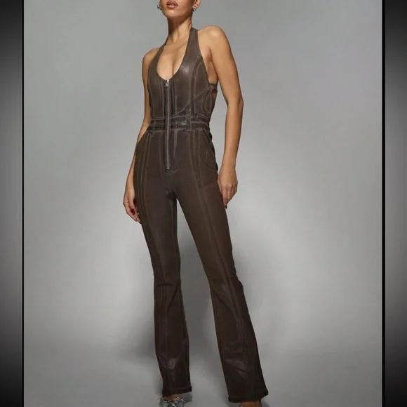 Brown Zipper front Halter Coated Denim Flare Hem Stretchy thick Jumpsuit - Picture 6 of 8